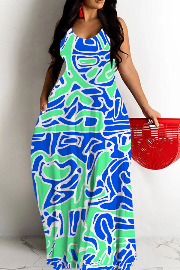 Teal Graphics Print Sleeveless Backless Floor Length Casual Outing Straight Loose Floral Maxi Slip Dress