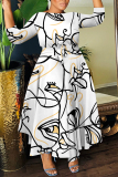White Graphics Print O Neck 3/4 Sleeve Belted Vacation Loose A Line Maxi Dress
