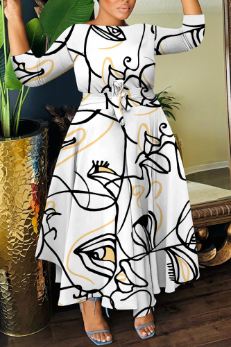 White Graphics Print O Neck 3/4 Sleeve Belted Vacation Loose A Line Maxi Dress