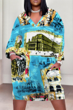 Dark Blue Casual Graphics Print V Neck Long Sleeve Knee Length Pocket Straight Loose Midi Dress