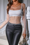 White V Neck Long Sleeve Hollow Out See-Through Night Club Rhinestone Mesh Tops