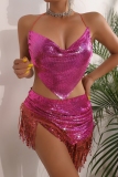 Rose Red Fringed Trim Sequins Backless Sleeveless Irregular Belted Halter Crop Tops and Tassel Mini Skirt Night Club Two Pieces Dress Sets