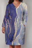 Dark Blue Casual Graphics Print V Neck Long Sleeve Knee Length Pocket Straight Loose Midi Dress