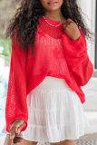 Red The Stars Print Weave O Neck Hollow Out Casual Knitted Sweater Tops