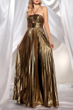 Glod Sleeveless Slit Formal Evening Party Prom Pleated Strapless Halter Metallic Maxi Dresses