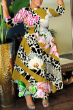 Rose Red Graphics Floral Print O Neck 3/4 Sleeve Belted Vacation Loose A Line Maxi Dress