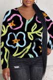 Black Orange Graphics Print V Neck Long Sleeve Casual Fall Winter Plus Size Long Sleeve T Shirt