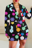 Brown Casual Graphics Print Buttons Turn-back Collar Long Sleeve Blazer Jackets And Shorts Two Pieces Shorts Sets