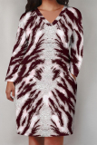 Dark Blue Casual Graphics Print V Neck Long Sleeve Knee Length Pocket Straight Loose Midi Dress