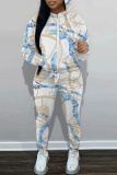 Light Yellow Graphics Print Hooded Zipper Long Sleeve Sweatshirts and Drawstring Pants Two Pieces Sportwear Casual Sweatsuits Sets