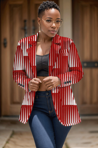 Red Formal Office Casual Graphics Print Cardigan Turn-back Collar Long Sleeve Blazer Jackets