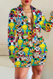Brown Casual Graphics Print Buttons Turn-back Collar Long Sleeve Blazer Jackets And Shorts Two Pieces Shorts Sets