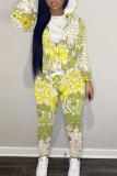 Blue Graphics Print Hooded Zipper Long Sleeve Sweatshirts And Drawstring Pants Two Pieces Sportwear Casual Sweatsuits Sets
