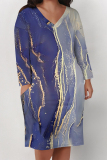 Dark Blue Casual Graphics Print V Neck Long Sleeve Knee Length Pocket Straight Loose Midi Dress