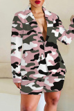 Brown Casual Graphics Print Buttons Turn-back Collar Long Sleeve Blazer Jackets And Shorts Two Pieces Shorts Sets
