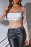 White V Neck Long Sleeve Hollow Out See-Through Night Club Rhinestone Mesh Tops