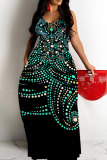 Teal Graphics Print Sleeveless Backless Floor Length Casual Outing Straight Loose Floral Maxi Slip Dress