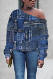 Blue Khaki Casual Faux Denim Print Oblique Collar Long Sleeve Fall Winter Sweatshirt