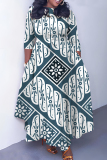 White Boho Graphics Print O Neck 3/4 Sleeve Strap Design Belted Floor Length Plus Size Vacation Loose A Line Maxi Dress