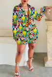 Brown Casual Graphics Print Buttons Turn-back Collar Long Sleeve Blazer Jackets And Shorts Two Pieces Shorts Sets