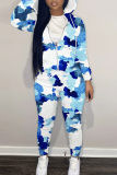 Blue Graphics Print Hooded Zipper Long Sleeve Sweatshirts And Drawstring Pants Two Pieces Sportwear Casual Sweatsuits Sets