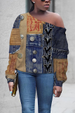 Blue Khaki Casual Faux Denim Print Oblique Collar Long Sleeve Fall Winter Sweatshirt
