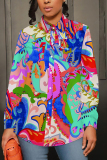 Green Casual Graphics Print Turndown Collar Long Sleeve Buttons Vacation Blouse