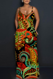 Dark Blue Graphics Print Sleeveless Backless Floor Length Casual Outing Straight Loose Floral Maxi Slip Dress