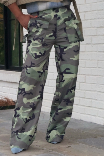 Army Green Camouflage Print Pocket High Waist Cargo Pants