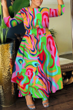 Multicolor Graphics Print O Neck 3/4 Sleeve Belted Pockets Long Vacation Casual Pleated A Line Maxi Dresses