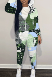 Blue Graphics Print Hooded Zipper Long Sleeve Sweatshirts And Drawstring Pants Two Pieces Sportwear Casual Sweatsuits Sets