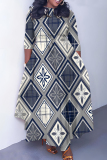 White Boho Graphics Print O Neck 3/4 Sleeve Strap Design Belted Floor Length Plus Size Vacation Loose A Line Maxi Dress