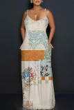 Dark Blue Graphics Print Sleeveless Backless Floor Length Casual Outing Straight Loose Floral Maxi Slip Dress