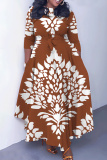 Brown Graphics Print O Neck 3/4 Sleeve Belted Pockets Long Vacation Casual Pleated A Line Maxi Dresses