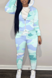 Blue Graphics Print Hooded Zipper Long Sleeve Sweatshirts And Drawstring Pants Two Pieces Sportwear Casual Sweatsuits Sets