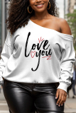 Rose Red Casual Letter Print Oblique Collar Long Sleeve Fall Winter Sweatshirt