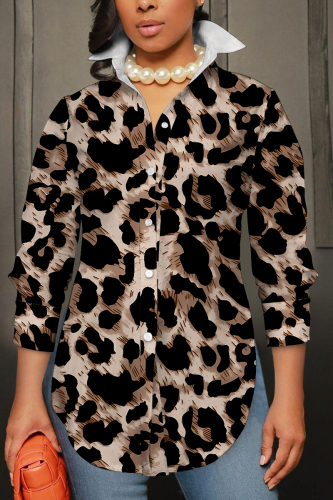 Brown Graphics Print Shirt Collar Long Sleeve Buttons Slit Casual Vacation Shirt Tops