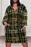 Yellow Green Plaid Print  V Neck Short Sleeve Casual Vacation Loose Pockets Plus Size Midi T-Shirt Dress