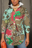 Black Floral Print Shirt Collar Long Sleeve Buttons Slit Casual Vacation Shirt Tops