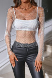 White V Neck Long Sleeve Hollow Out See-Through Night Club Rhinestone Mesh Tops
