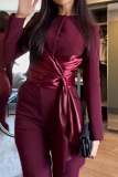 Claret O Neck Long Sleeve Lace Up Front Knotted Tops And Straight Leg Pants Casual Formal Office Lady Two Pieces Trouser Sets