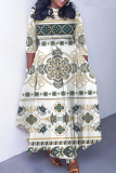White Boho Graphics Print O Neck 3/4 Sleeve Strap Design Belted Floor Length Plus Size Vacation Loose A Line Maxi Dress