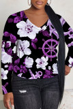 Black Orange Graphics Print V Neck Long Sleeve Casual Fall Winter Plus Size Long Sleeve T Shirt