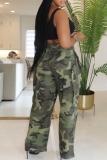 Army Green Camouflage Print Pocket High Waist Cargo Pants