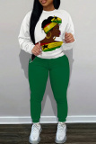 Black Graphics Print O Neck Long Sleeve Sweatshirt And Skinny Pants Sportwear Casual Two Pieces Sweatpant Sets