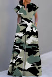 Light Blue Graphics Print V Neck Short Sleeve Casual Vacation Wide Leg Jumpsuit