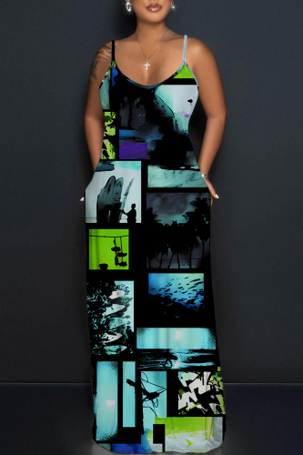 Dark Blue Graphics Print Sleeveless Backless Floor Length Casual Outing Straight Loose Floral Maxi Slip Dress
