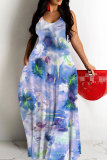Teal Graphics Print Sleeveless Backless Floor Length Casual Outing Straight Loose Floral Maxi Slip Dress