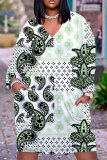 White Casual Graphics Print V Neck Long Sleeve Knee Length Pocket Straight Loose Midi Dress
