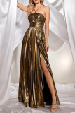 Glod Sleeveless Slit Formal Evening Party Prom Pleated Strapless Halter Metallic Maxi Dresses